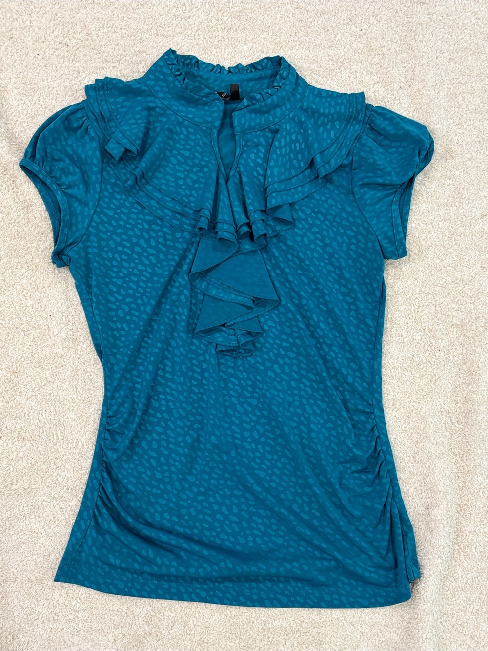 HeartSoul Ruffled Mock Neck Short Sleeve Top in Teal